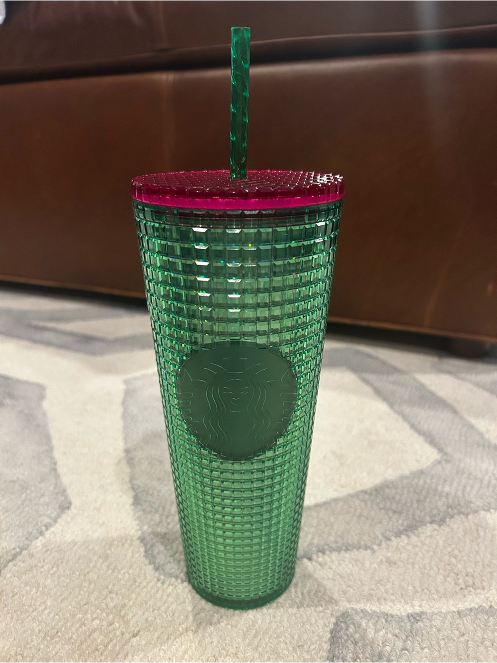 Starbucks Green Studded Tumbler with Fuchsia Lid and Green Straw